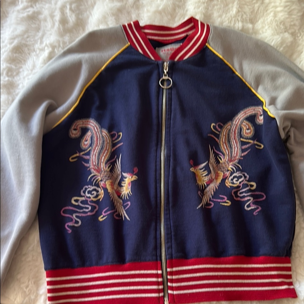 Blue and Gray Bomber Jacket with Embroidered Design